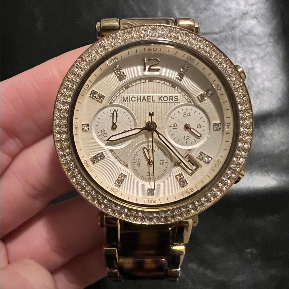 Tortoise and gold trim, MK watch.